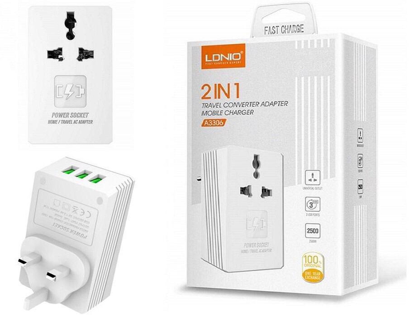 Ldnio A3306 2 In 1 Travel Converter Adapter Plug (White)