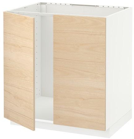 METOD Base cabinet for sink + 2 doors, white, Askersund ash light ash effect