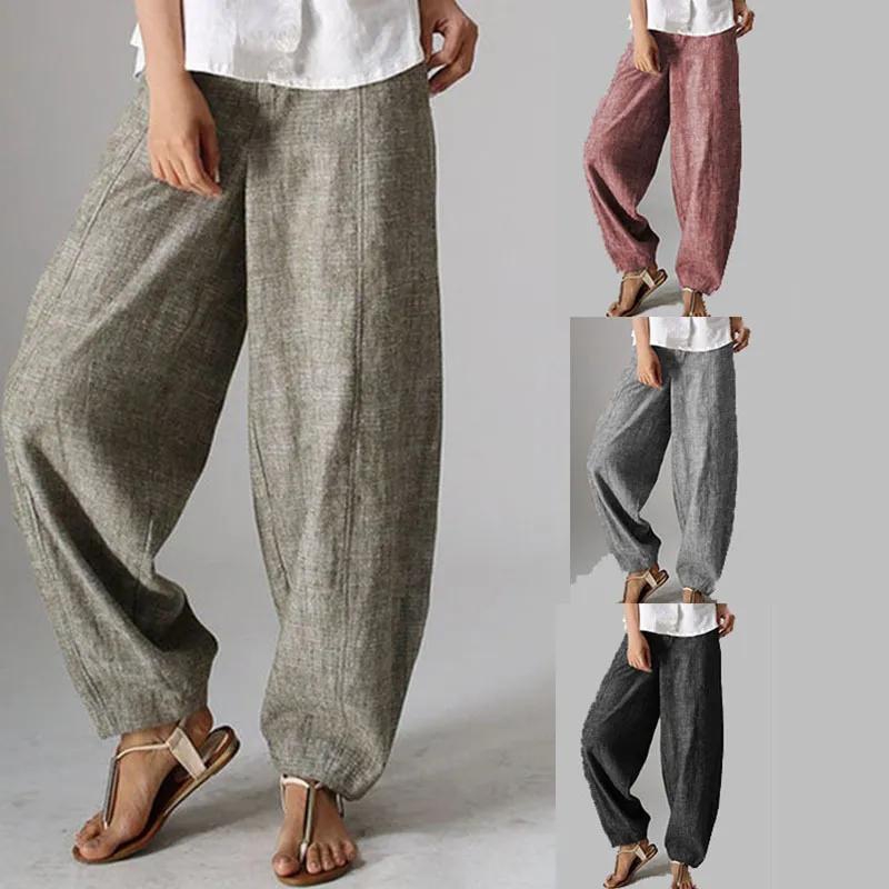 Pure Color High-Waist Wide-Leg Pants Women's Cotton and Linen Casual Trousers Oversized 5xl
