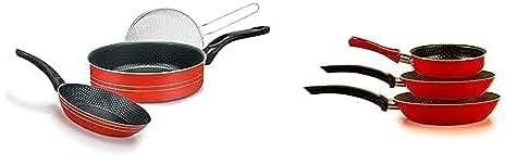 Trueval frying pan set of 3 red 22+20+oil filter tool + Trueval frying pan set of 3 frayers 14-20-24 red color