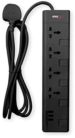 ELEXON Power Extension Board with 4 AC Sockets and 3 USB Ports - Surge Protection, Flame-proof Material, Child Safety Shutters, Ideal for Charging Multiple Devices, 2 Meter Cord Black
