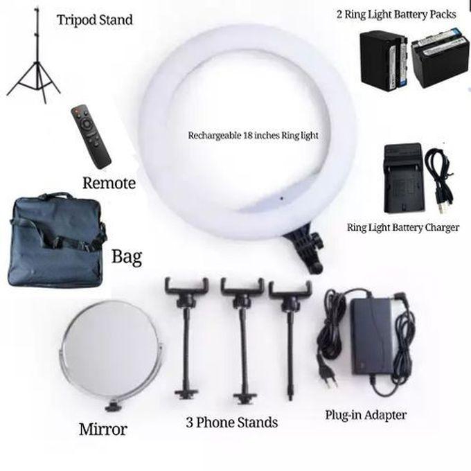 Ring Light LED 18 Inches Universal Dimmable Ring Light With Rechargeable Backup Battery, Charger, Tripod Stand, Mirror, Adapter & 3 Phone Holders