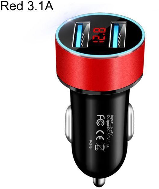 Car Charger Dual USB LED Digital Display 3.1A/QC3.0-Red