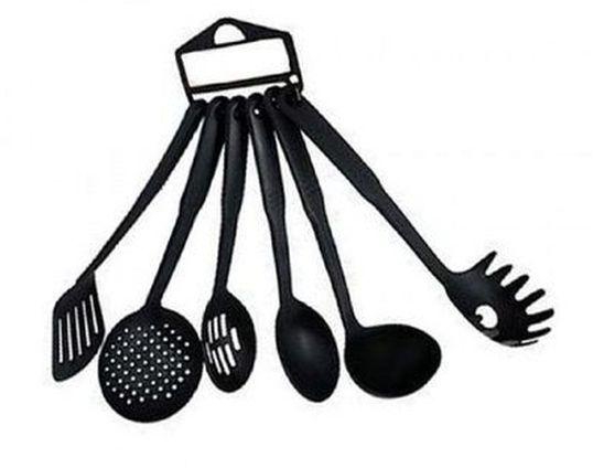 6 Piece Non-Stick Cooking Spoons Set - Black .