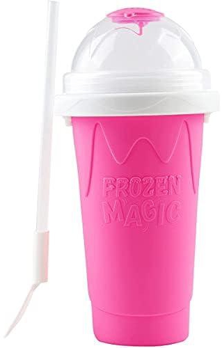 Smoothie Maker Cup Frozen Magic Squeeze Cup Slush and Shake Ice Cream Maker DIY Mug Cooling Milkshakes BPA-free Safe for Children Fun Kids Gifts DozingPig (Pink)
