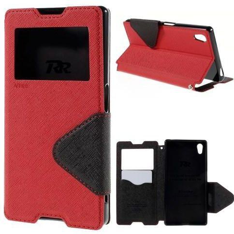حافظة جلدية مع جيب بطاقة ونافذة عرض بتصميم دفتر يوميات لهواتف سوني اكسبيريا Z5 / Z5 دول من رور - احمر