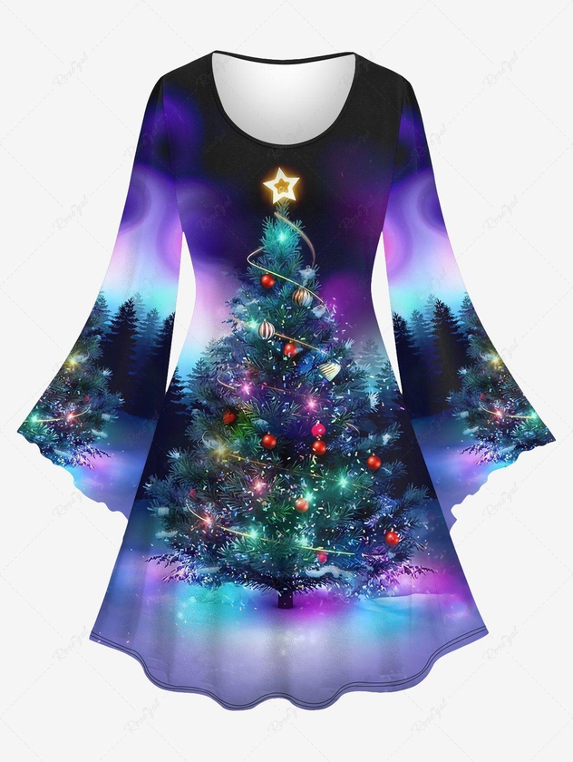 Plus Size Christmas Tree Ball Galaxy Star Glitter 3D Print Flare Sleeve Dress - 6x