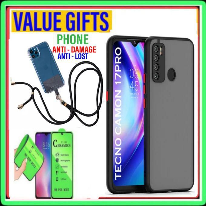 Tecno Camon 17 Pro Smoked Cover Protective // Shockproof Matte Hard Back Case Cover + Screen Protector + Phone Lanyard