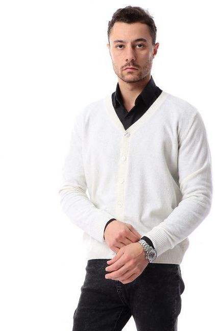 Ted Marchel Deep V-Neck Solid Buttoned Cardigan - Off-White