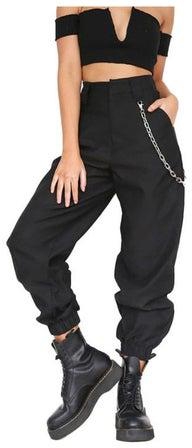 Solid Color Sports Cargo Pants Loose Ankle with Chain Black