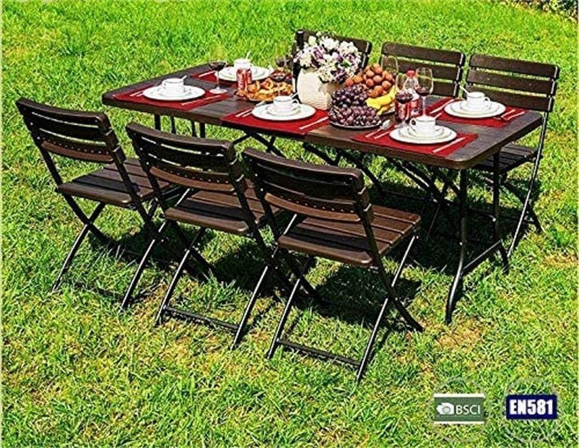 LANNY Garden Plastic Dining Set Wood Design Brown: (1+6) Portable Folding Table SZK180 &amp; Foldable Leisure Chair YC043 Water/Sun Proof for Patio Outside/Outdoor Inside/Indoor