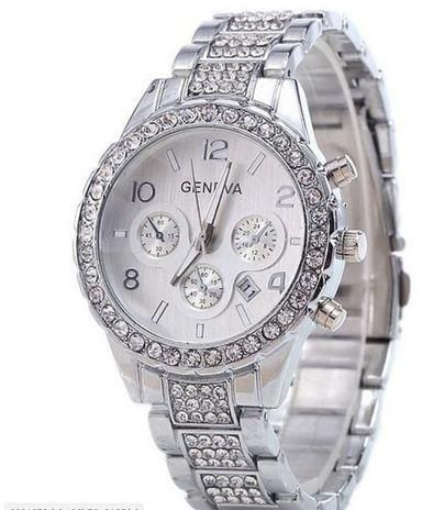Geneva Wrist Watch With New Fashion Rhinestone Studded Watch - Silver