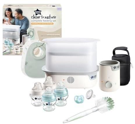 Tommee Tippee Closer to Nature Complete Feeding Set, Electric Steam Steriliser with Insulated Bottle Bag, Newborn Baby Bottles and Easiwarm Bottle Warmer, White