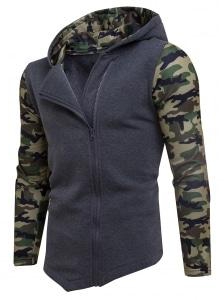 Fleece Camouflage Panel Asymmetric Zip Up Hoodie - Deep Gray - M