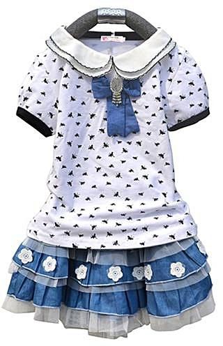Sunweb Girl Dresses Doll Neck Short Sleeve Print T-shirt And Applique Layered Cake Skirt Set White