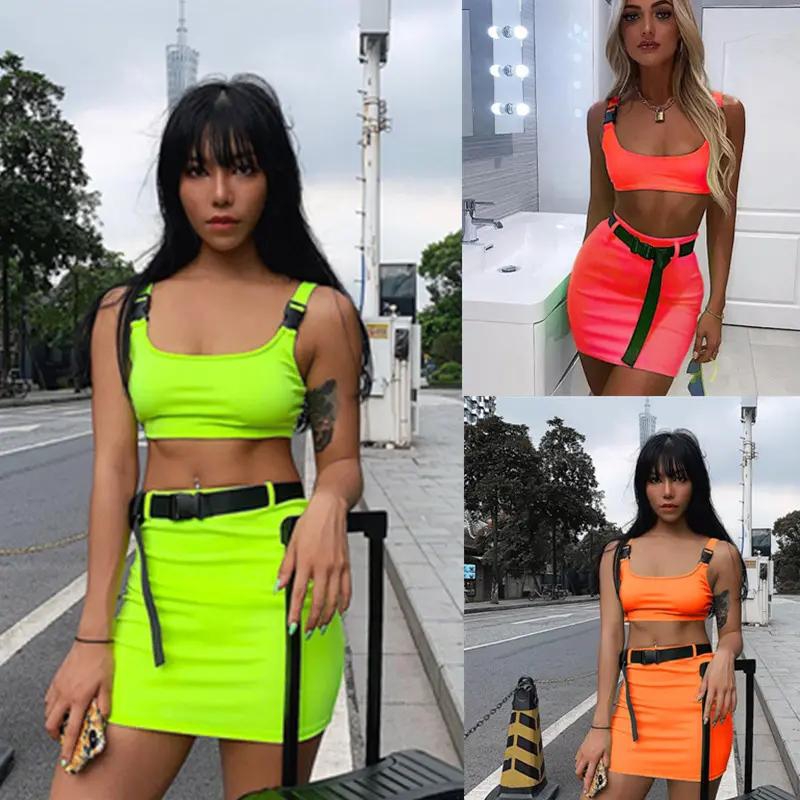 Buckle Band Camis Skrit 2 Two Piece Set 2019 Summer Women Fashion Belt Patchwork Neon Streetwear Set