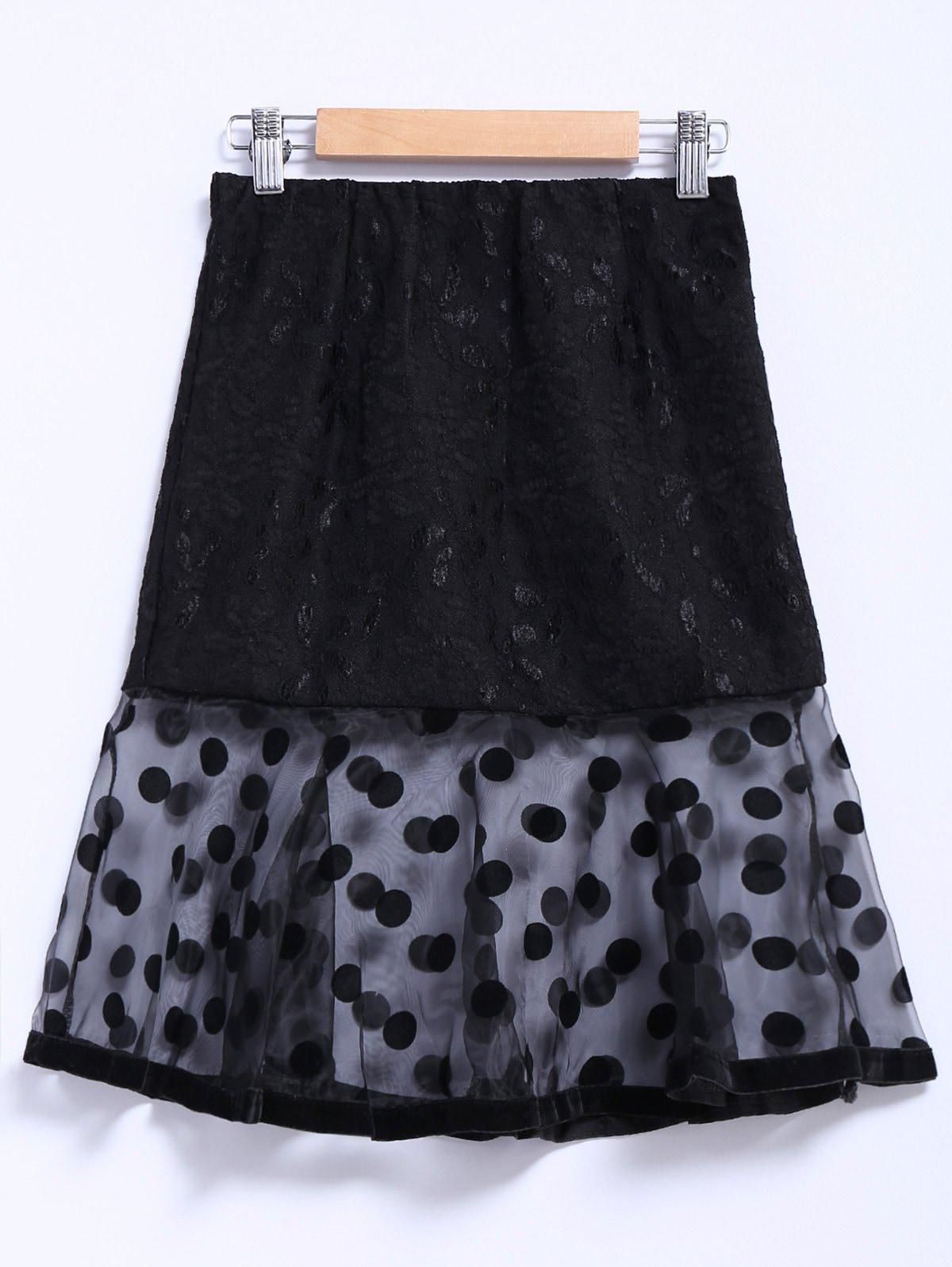 Chic Style Organza Splicing Polka Dot Print Ruffles Black Women's Skirt - L