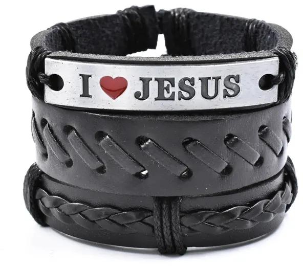 4PCS/Set Leather Bracelet Men's Women's Jewelry Alloy PU Products Strap Adjustable I Love Jesus black 18cm-25cm