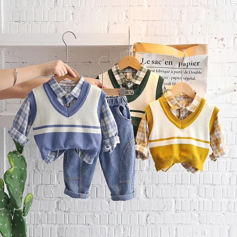 3 Piece Boy' s sweater vest Shirt Jeans Children Wear Boys' Spring Autumn Suit Children'S Cardigan Three Piece Set