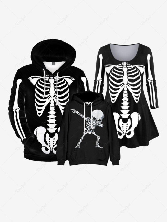 Kids Gothic Drawstring Skeleton Print Pullover Hoodie - 150