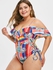 Plus Size Palm Print Lace Up Ruffled One-piece Swimsuit - 1x