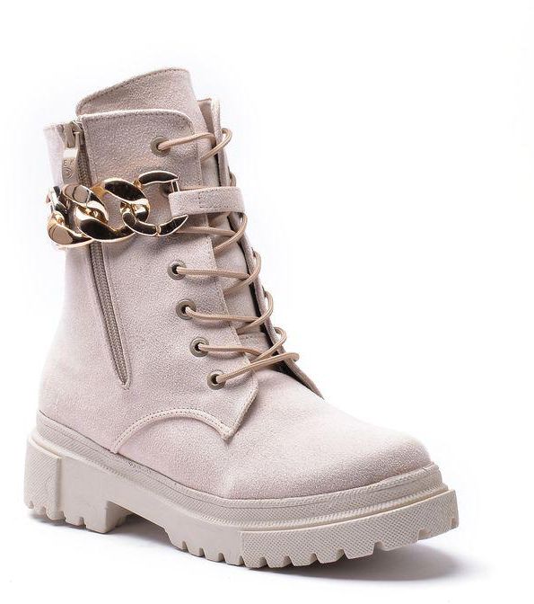Lifestylesh G-51 Suede Lace-up Boot With A Chain On The Side - Beige