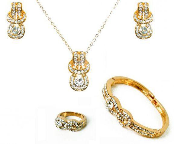Pretty Necklace, Earrings, Bracelet and Ring Set [HKT028]Of 18K Gold Plated Knot Crystal