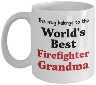 مج قهوة مطبوع بعبارة "This Mug Belongs To The World's Best Firefighter Grandma" أبيض/أسود/أحمر 8x9.5x8سنتيمتر