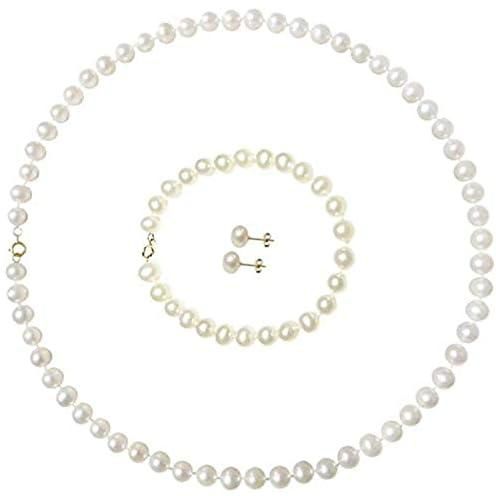 VP Jewels 18K Solid Gold 7mm Genuine Pearl Necklace, Bracelet and Earrings Set