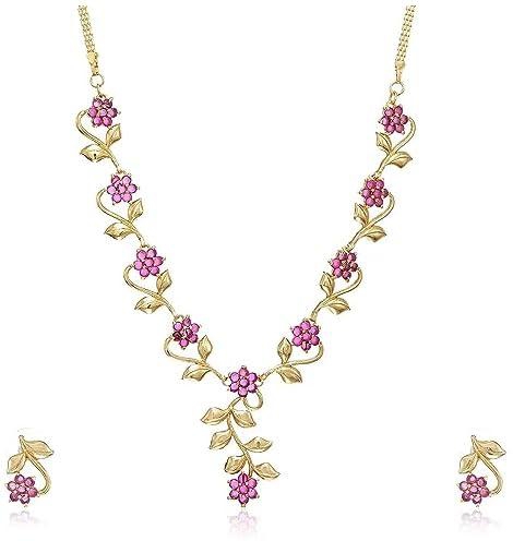 Estele Gold Plated Ruby Traditional Necklace Jewellery Set with Earrings for Women