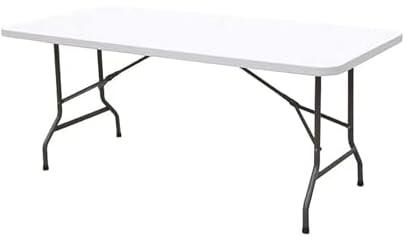 سكاي-تاتش طاولة تخييم خارجية خفيفة الوزن قابلة للطي، طاولة نزهة بلاستيكية شديدة التحمل قابلة للطي لحفلات الشواء، يمكن طيها إلى نصفين مع مقبض حمل، ابيض (180×75×75 سم)