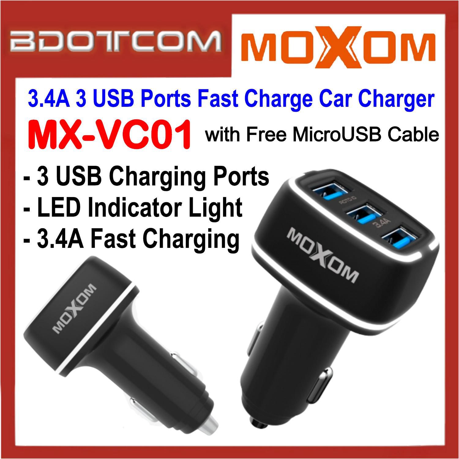 Moxom LED 3 USB Ports Fast Car Charger with Cable 3.4A MX-VC01