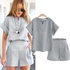 Casual Cotton Linen Two Piece Sets Women Summer V-Neck Short Sleeve Tops and Shorts Suits Set