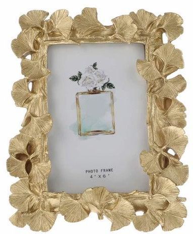 Photo Frame, Polyresin Picture Frame Gold Ginkgo Leaves for Lovers Home Decoration Ornament Gifts Golden Vintage Table Top Display and Personalized Gallery Wall Hanging Decor (Gold)