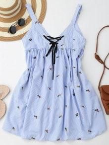 Embroidered Stripes Lace Up Casual Dress