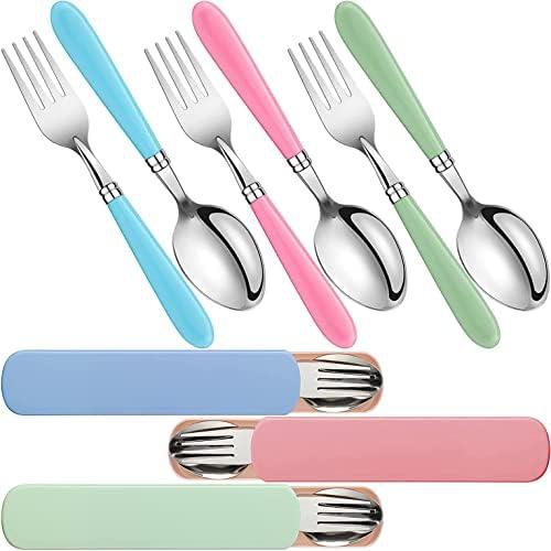 ELECDON Kids Utensils Stainless Steel Fork and Spoon Set Child Stainless Steel Flatware Set with Silicone Round Handle Safe Cutlery Set with Travel Cases( 3 Sets )