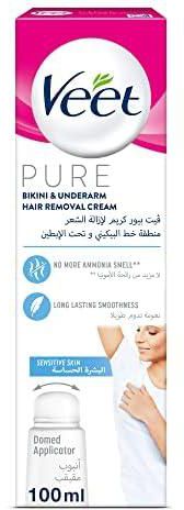 Veet Pure Bikini & Underarm Hair Removal Cream For Sensitive Skin With Domed Applicator - 100Ml