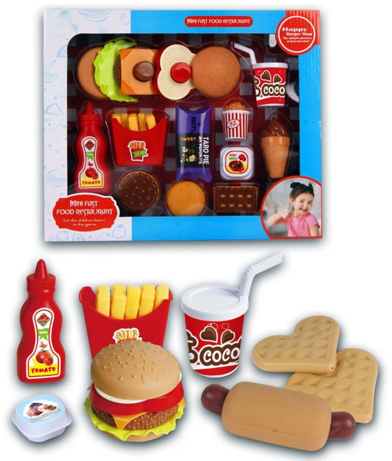 Fitto Fast Food pretend play set burger toys for kids, fries, chicken, ice cream, salad, cheese, vegetables, popcorn, cookies, apple pie, and drink fast food playset educational toys for girls