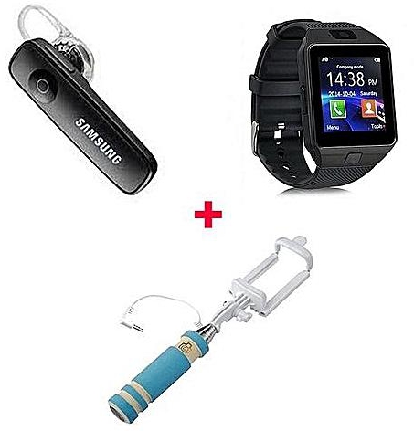 Generic Bundle Of DZ-09 Smart Watch Phone With Free Bluetooth headset and selfie stick - Black