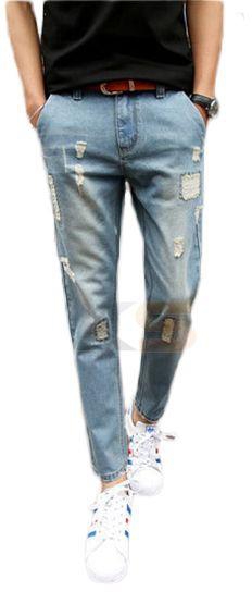 Men's Jeans Personality Casual Slim Hole Design Straight Denim Pants A129