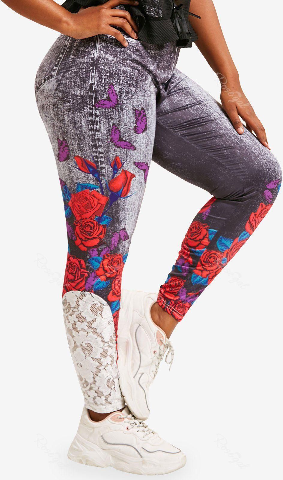Lace Panel 3D Print Rose Butterfly Plus Size Jeggings - 4x