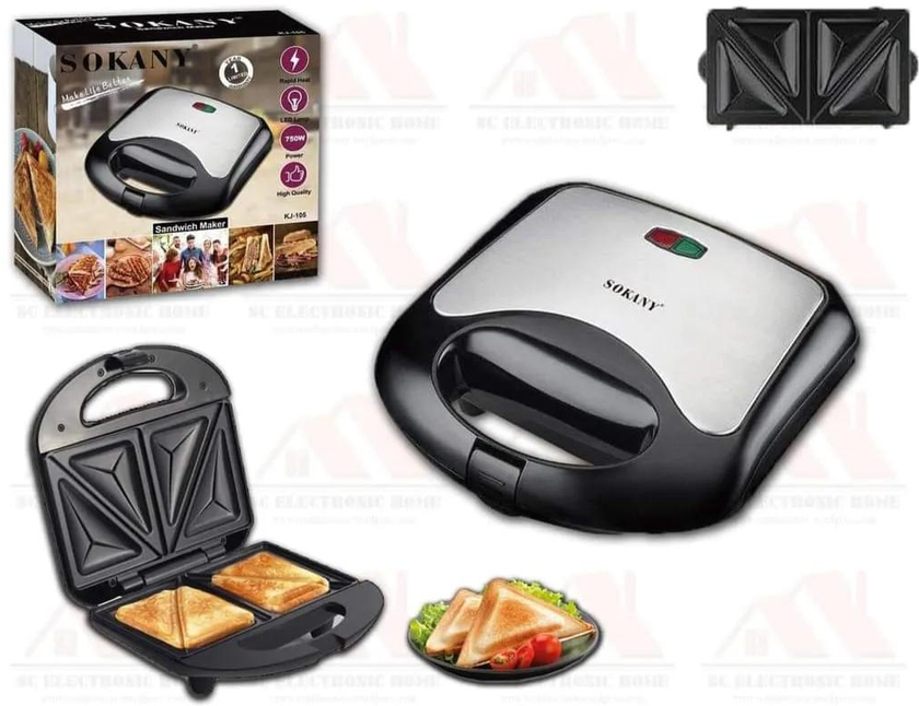 Sokany Sandwich Maker Sk-115 Non-stick It comes with three sets of removable cooking plates - triangle sandwich plates, waffle plates and grill / griddle plates - designed to toast