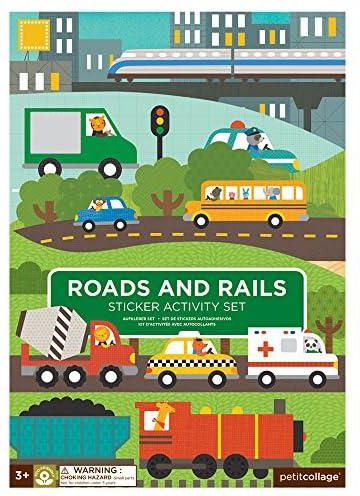 Petit Collage Sticker Activity Book, Roads and Rails - Giant Fold Out Sticker Book for Kids, Includes Over 100 Reusable Stickers - Activity Book for Ages 3+