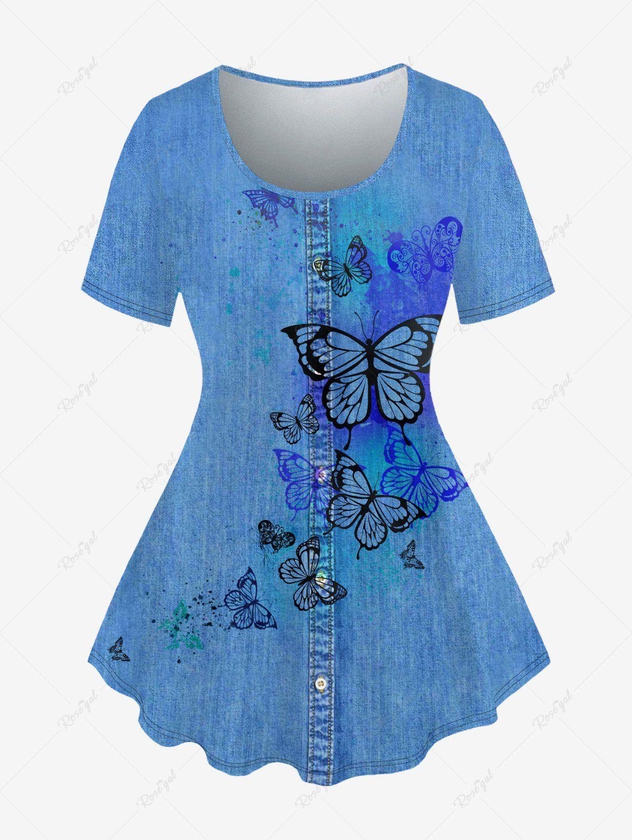 Plus Size 3D Butterfly Print Jeans Button Round Neck T-Shirt - 4x | Us 26-28