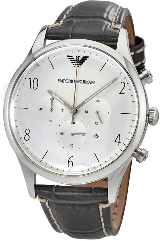 Emporio Armani Men's White Dial Grey Leather Strap Chronograph Watch