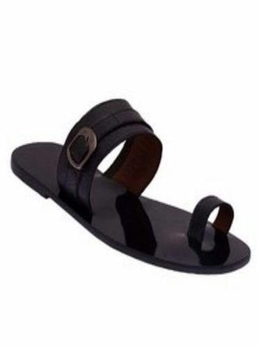 Men's Plain Open Toe Buckle Leather Slippers - Black