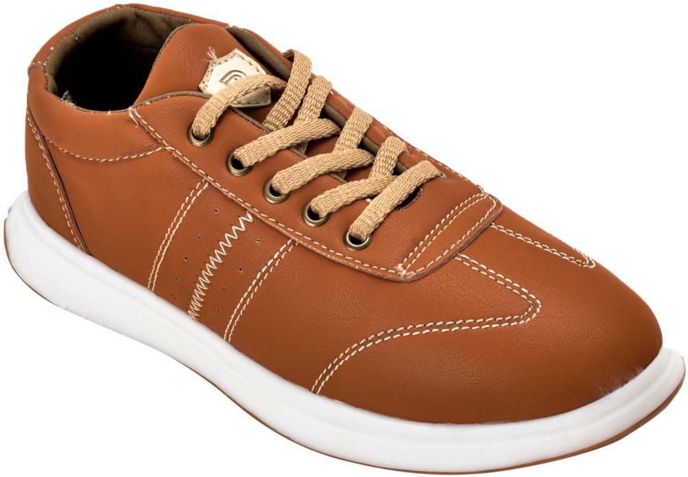 Rokatti Faux Leather Contrast-Stitching Lace-up Sneakers for Men - Camel