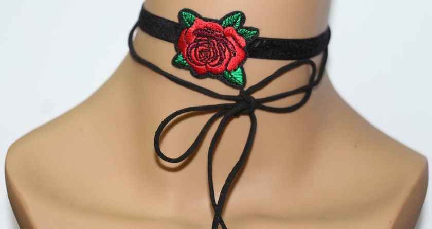 Tanos -  Velvet Red Flower Tie up Chocker Necklace