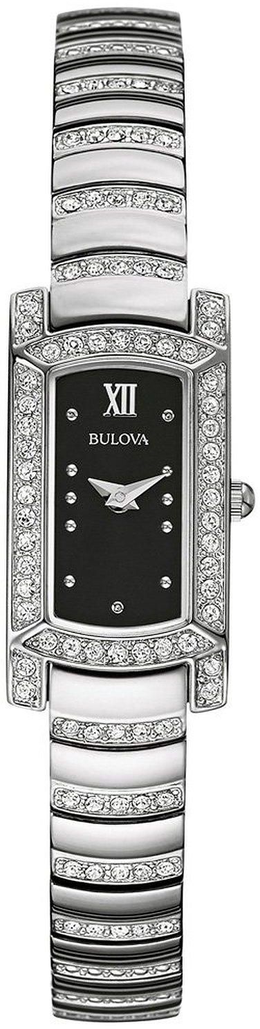 Bulova Women's Crystal Studded Bezel Stainless Steel Black Dial Rectangle Quartz