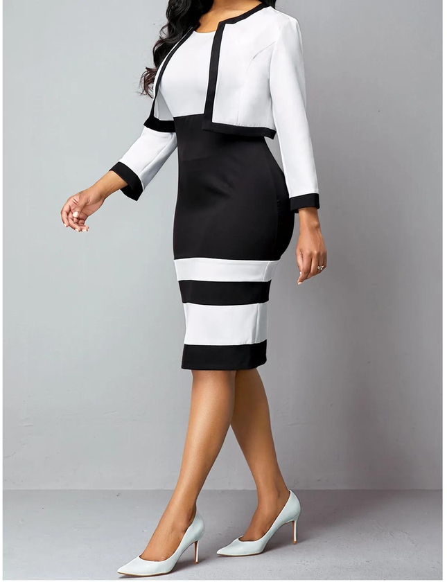 New European and American Large Dress 2023 New Product Selection Fashion Round Neck, High Waist, Slim Fit, Commuter Professional Wrap Hip Skirt Two Piece Set for Women